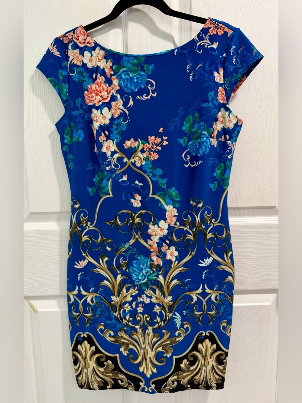 NY&Co. Baroque Floral Cap-Sleeve Stretch Sheath Dress. Size MP. Royal-Blue, Gold